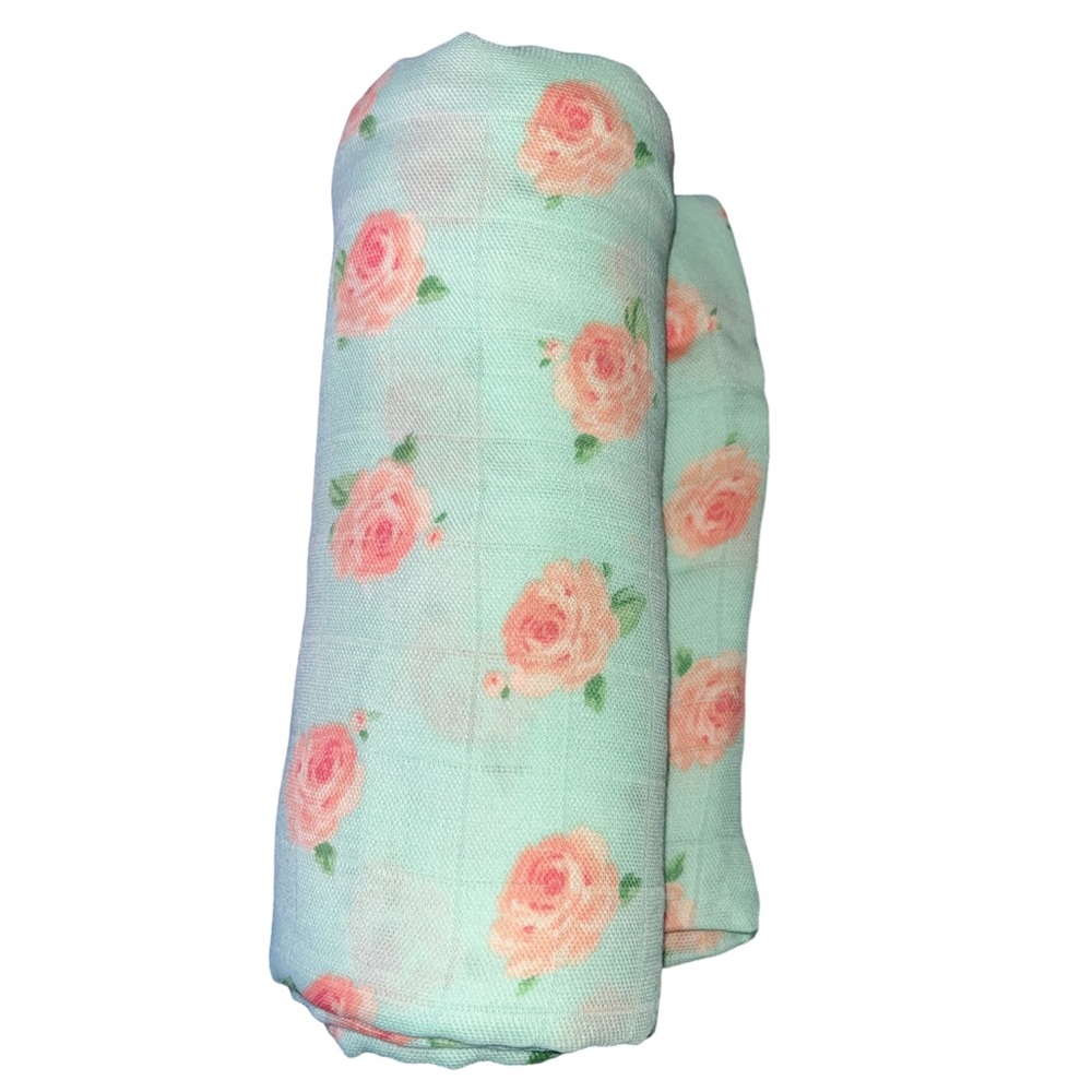 ANGEL DEAR pink rose swaddle in mint *Like new*